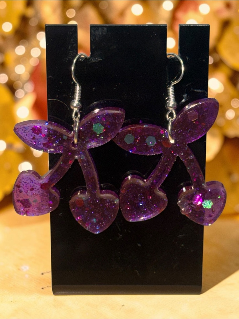 Handmade Purple Glitter Cherry Resin Dangle Earrings - Picture 2 of 6